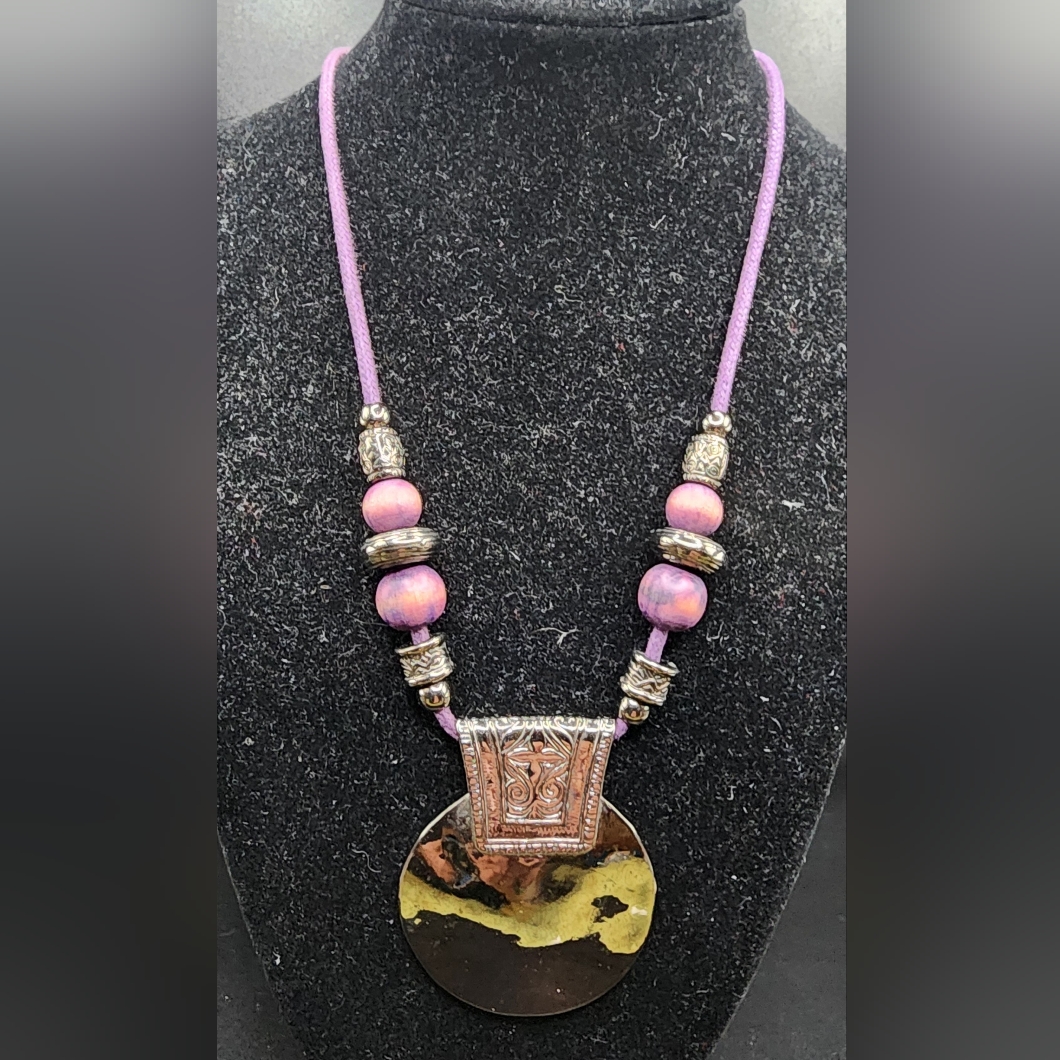 Vclm Vtg Necklace Metal Wood Beaded Disk Purple Cord Gunmetal 15